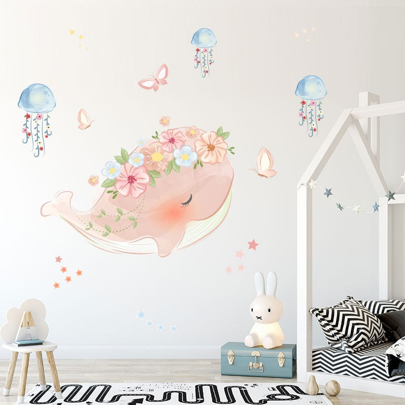 Wall Decal nursery and Kids Room- Pink Whale Wreath Jellyfish