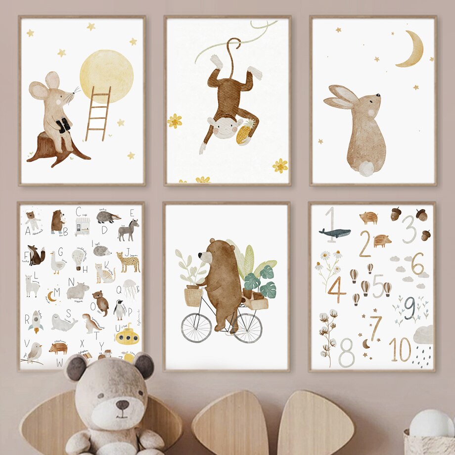 Wall Art Prints for Nursery and Kids Bedroom- Boho Bear Rabbit Monkey