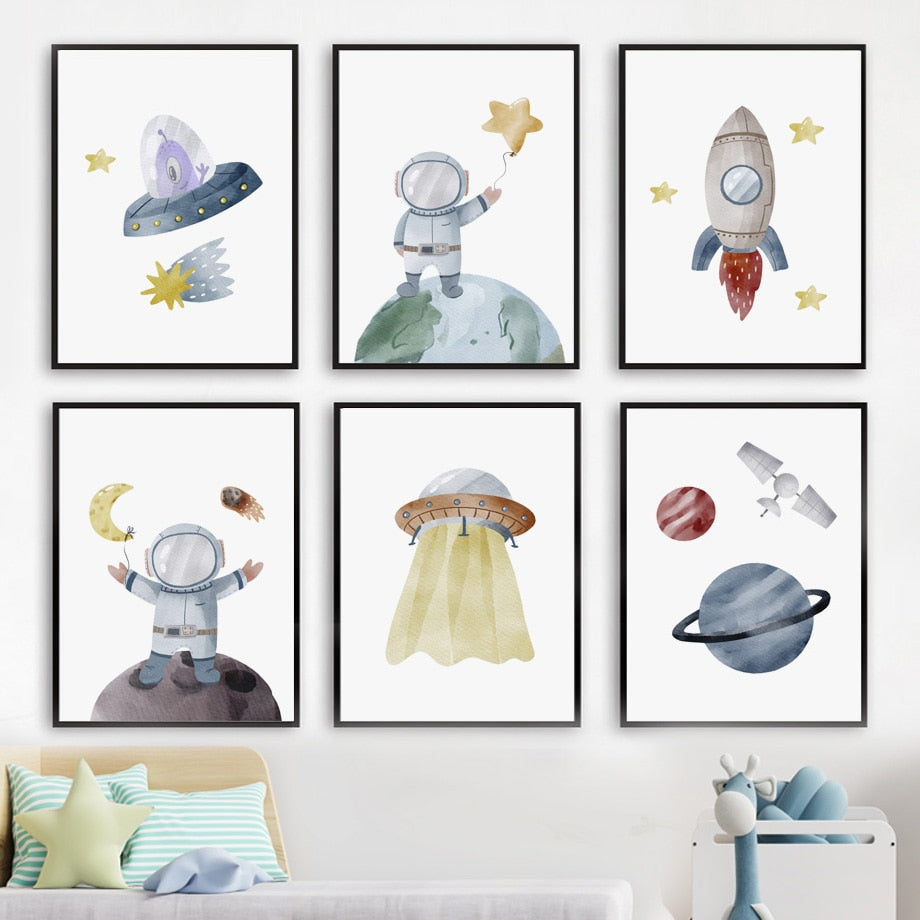 Wall Art Prints for Nursery and Kids Bedroom-Astronaut UFO Planet Moon