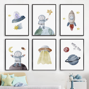 Wall Art Prints for Nursery and Kids Bedroom-Astronaut UFO Planet Moon