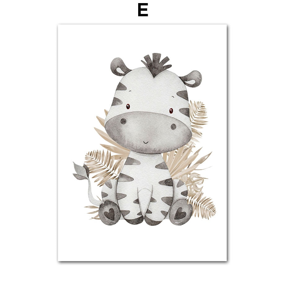 Wall Art Prints for Nursery and Kids Bedroom- Animal Palm Leaf Zebra Lion Hippo Giraffe