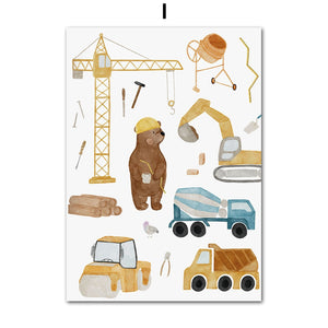 Wall Art Print for Nursery and Kids Bedroom- Boho Construction Machines