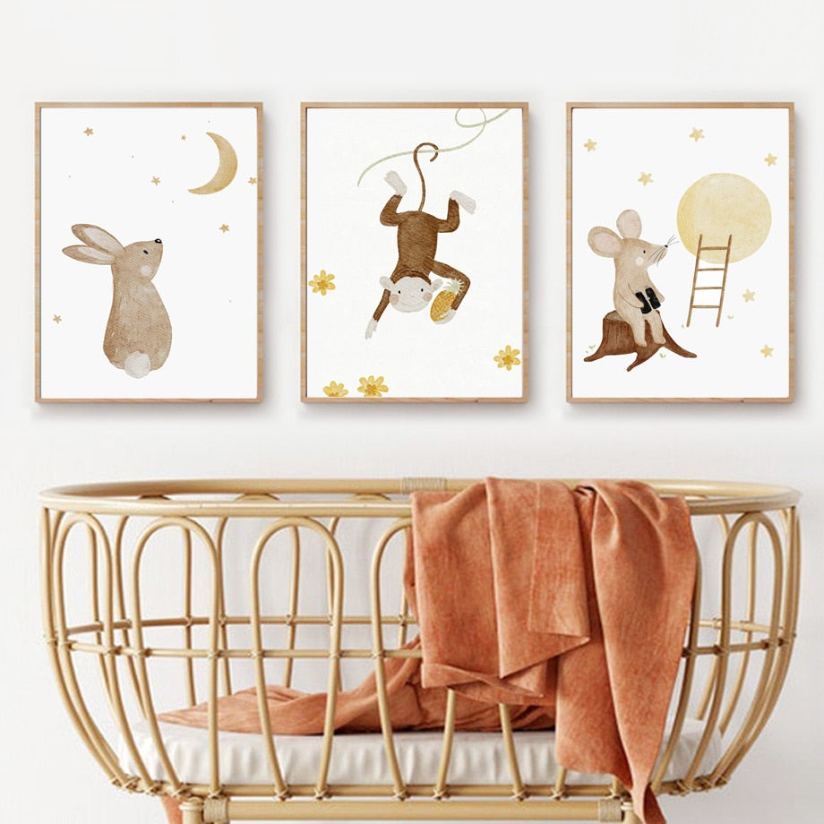 Wall Art Prints for Nursery and Kids Bedroom- Boho Bear Rabbit Monkey