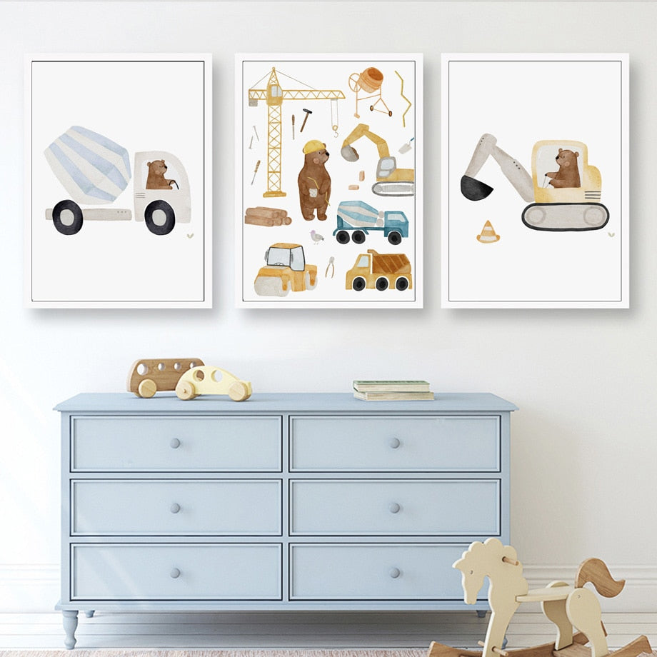 Wall Art Print for Nursery and Kids Bedroom- Boho Construction Machines