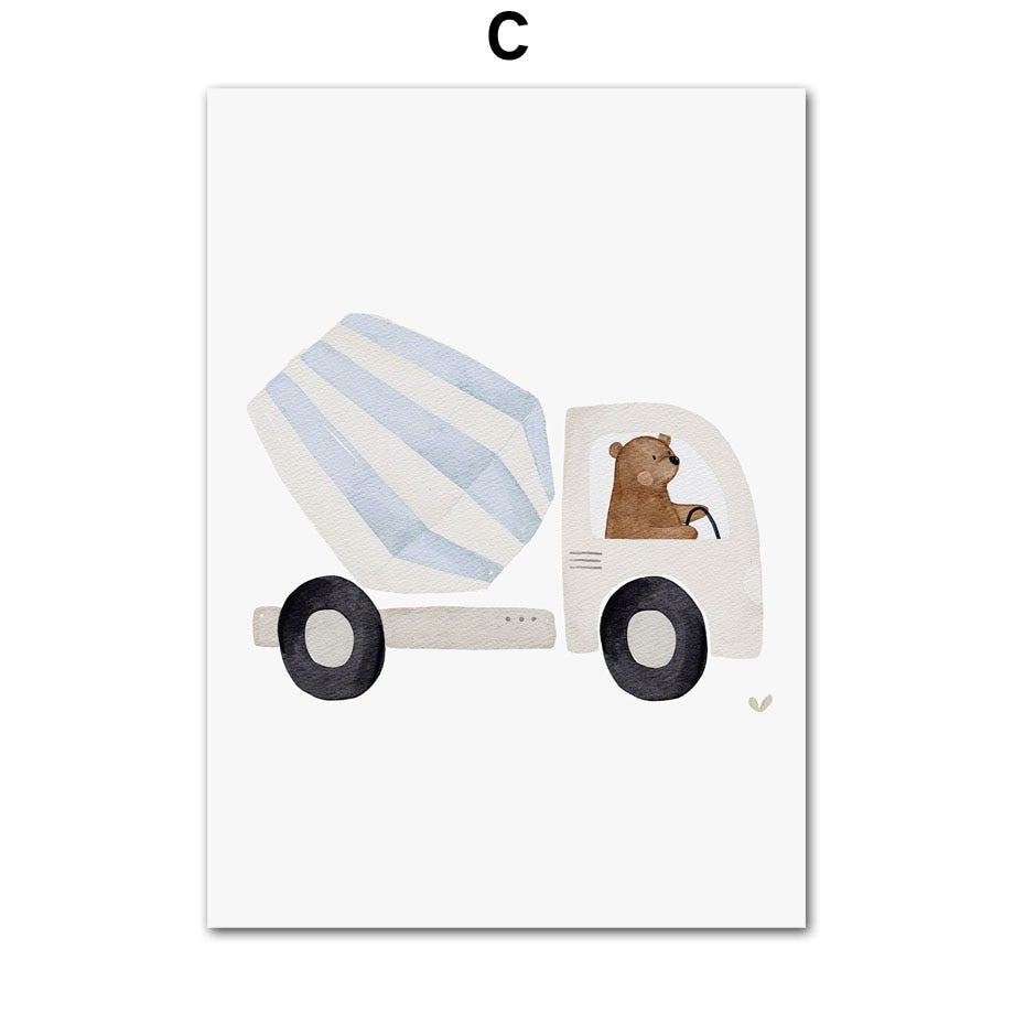 Wall Art Print for Nursery and Kids Bedroom- Boho Construction Machines