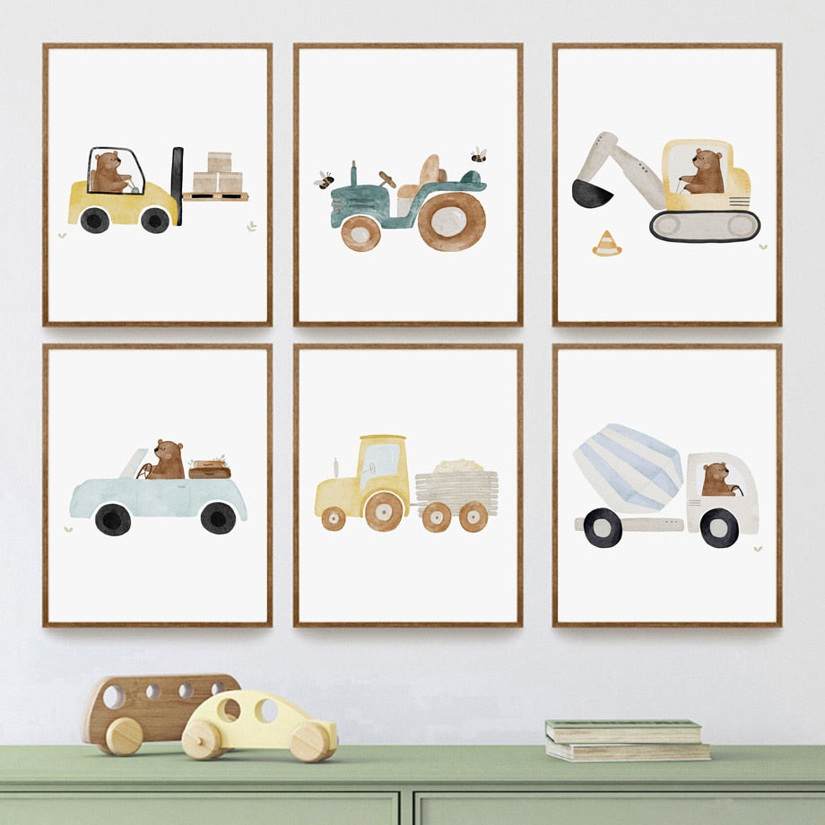 Wall Art Print for Nursery and Kids Bedroom- Boho Construction Machines