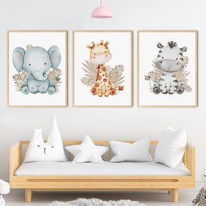 Wall Art Prints for Nursery and Kids Bedroom- Animal Palm Leaf Zebra Lion Hippo Giraffe