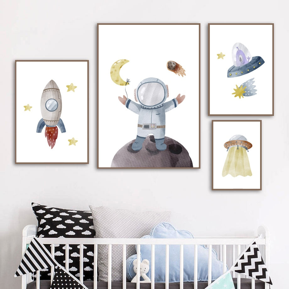 Wall Art Prints for Nursery and Kids Bedroom-Astronaut UFO Planet Moon