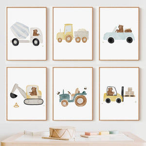 Wall Art Print for Nursery and Kids Bedroom- Boho Construction Machines